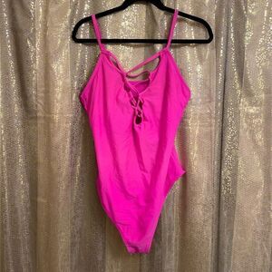 Forever 21 Neon Hot Pink Lace Up Front One Piece Swimsuit, XL